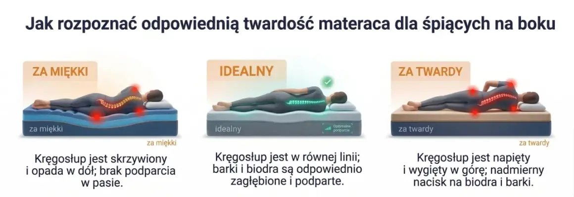 Porównanie trzech pozycji na materacu: za miękki (kręgosłup wygięty), idealny (kręgosłup prosty) i za twardy (kręgosłup napięty).