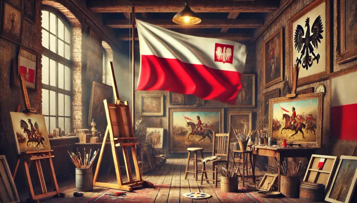 Pracownia artystyczna pełna obrazów z epoki, z polską flagą i orłem. Sztuka 20 lecia międzywojennego w pełnej krasie.