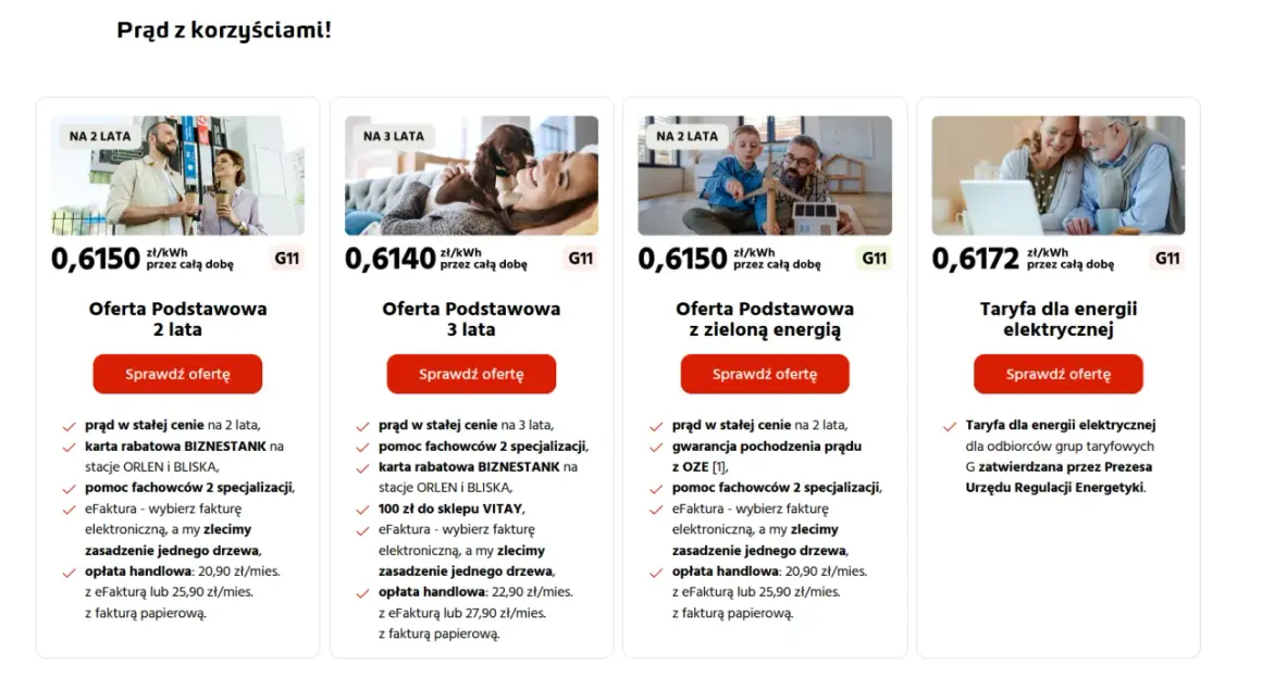 Oferty prądu G11: 2 lata za 0,6150 zł/kWh, 3 lata za 0,6140 zł/kWh, z zieloną energią za 0,6150 zł/kWh. Opłata handlowa od 20,90 zł.