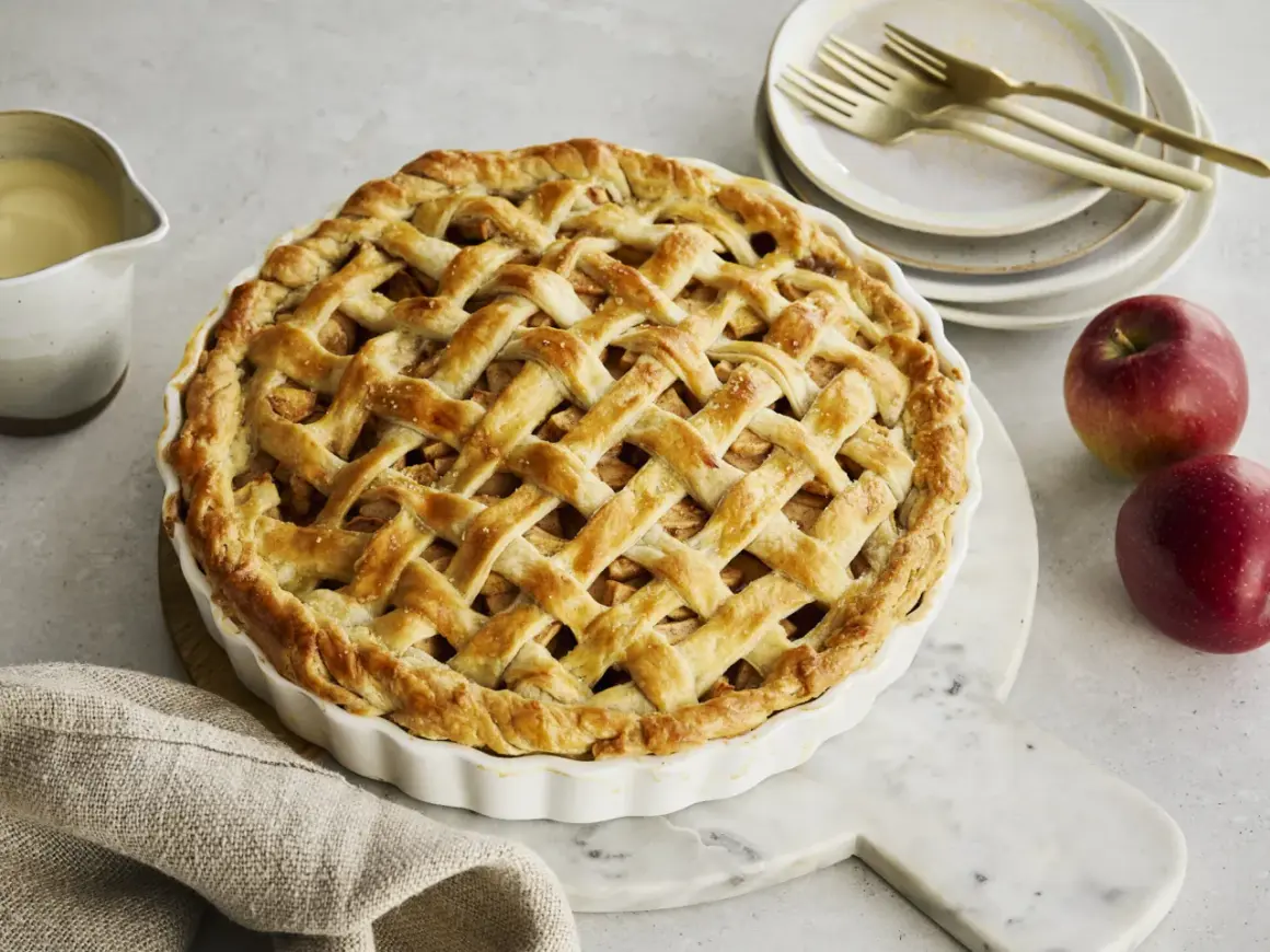 Goldbrauner Apfelkuchen mit Gittermuster, perfekt für Ihr nächstes apple pie rezept. Dazu passt Vanillesauce.