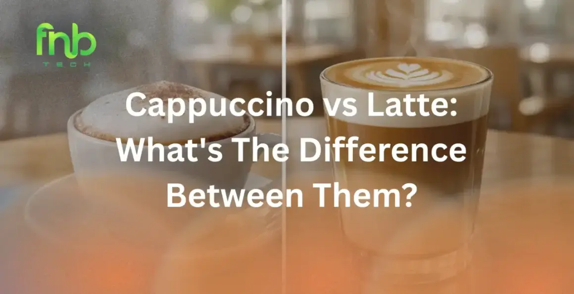 Cappuccino e caffè latte: due bevande, una differenza. Immagine mostra un cappuccino e un latte macchiato, con testo che chiede "What's The Difference Between Them?".