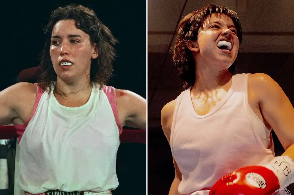 Two images of a determined female boxer, one in a white tank with pink trim, the other in a pink tank, both wearing mouthguards and showing sweat.