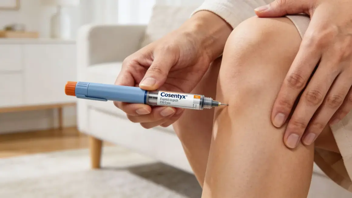 Osoba wykonuje zastrzyk z Cosentyx 60 mg, który pomaga w leczeniu chorób autoimmunologicznych.