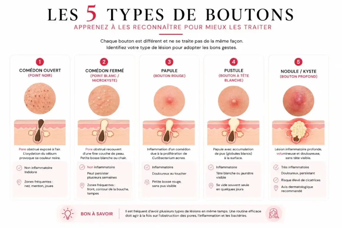 Infographie expliquant les 5 types de bouton visage : comédon, papule, pustule, nodule/kyste. Chaque type est illustré et décrit.