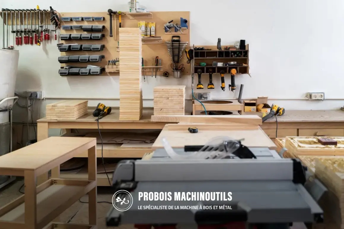 Un atelier bien organisé avec un rangement fait maison. Des outils, des planches de bois et une scie circulaire sont visibles.