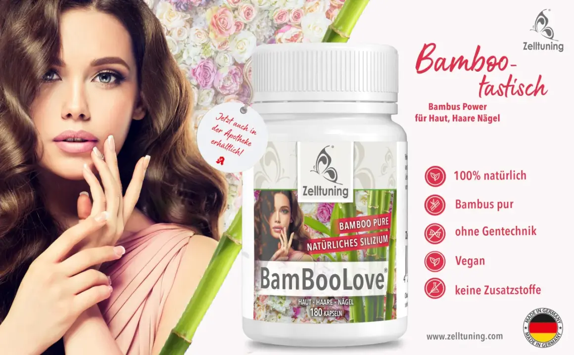Frau mit vollem Haar und schöner Haut neben einer Dose "BamBooLove". Die positive bambus extrakt wirkung für Haut, Haare und Nägel wird hervorgehoben.