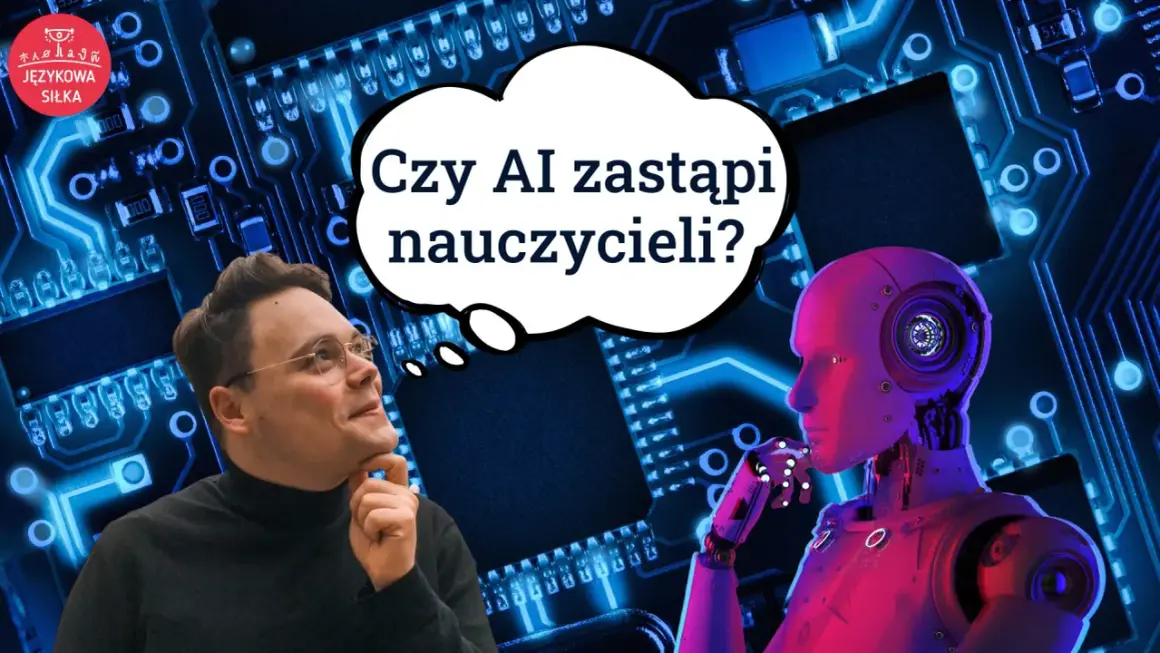 Mężczyzna zamyślony nad pytaniem, czy AI zastąpi nauczycieli, obok niego robot. W tle obwody drukowane. Talkpal.