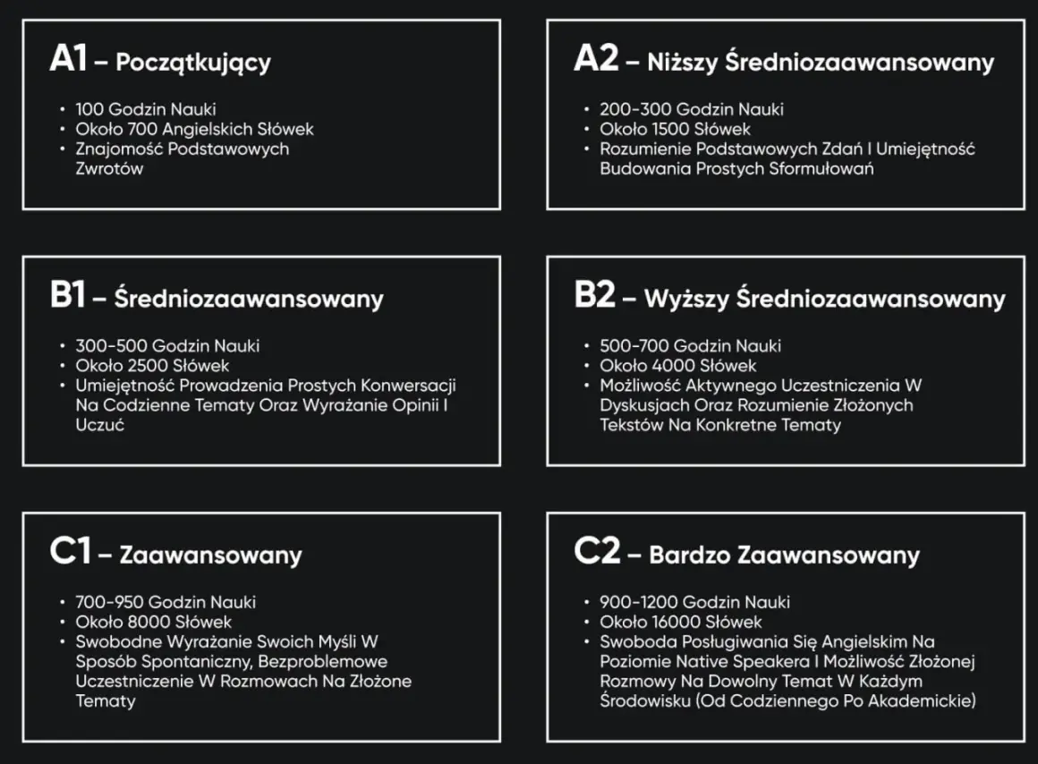 Poziomy biegłości językowej: od A1 (początkujący) do C2 (bardzo zaawansowany), z opisem godzin nauki, słownictwa i umiejętności, np. dla B2 (wyższy średniozaawansowany) - 500-700h, 4000 słów.