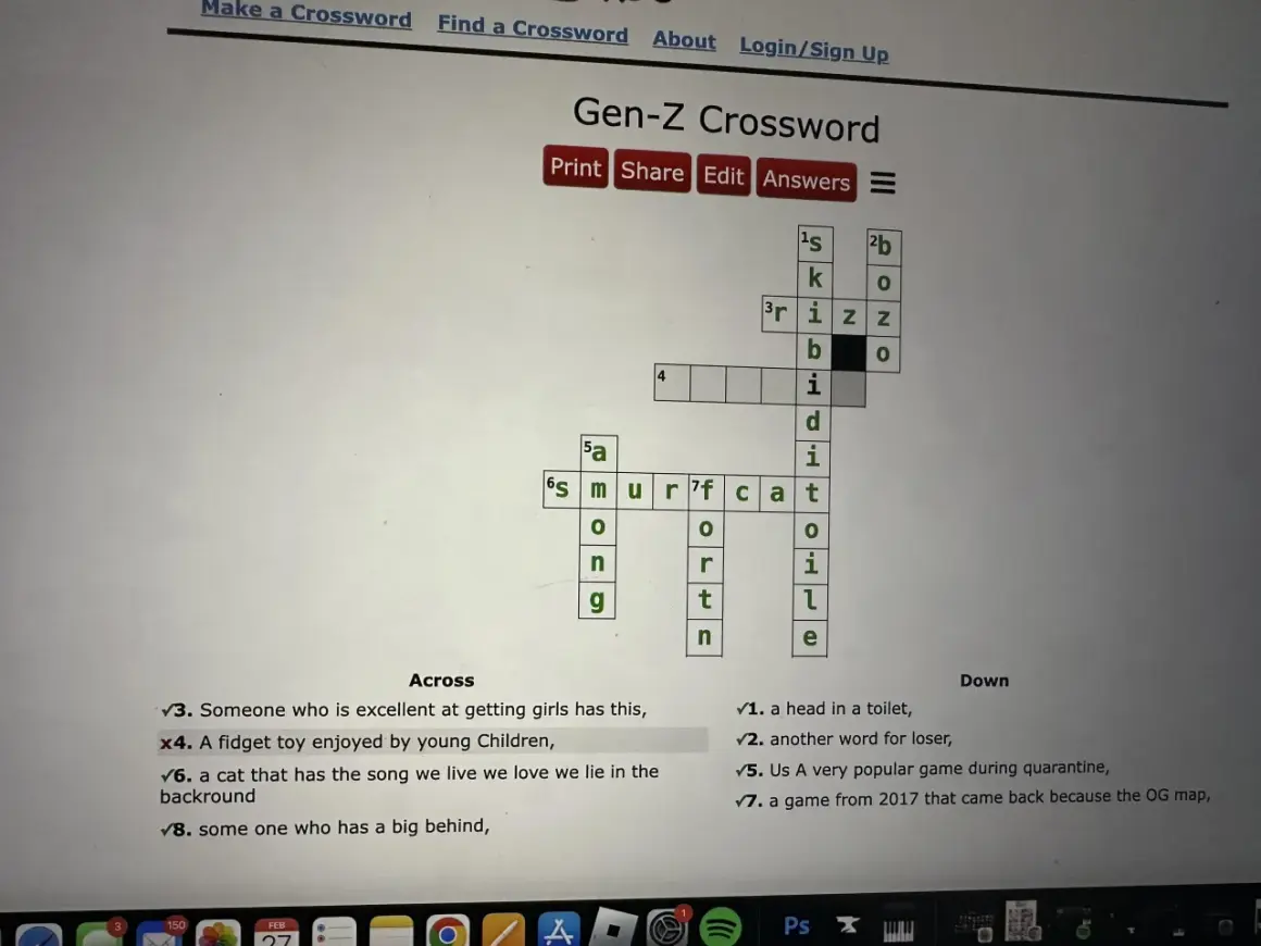 Rozwiązuję krzyżówkę "Gen-Z Crossword", gdzie odpowiedź na jedno z pytań, "zabawka dla dzieci", jest w ręku Fidiasza.