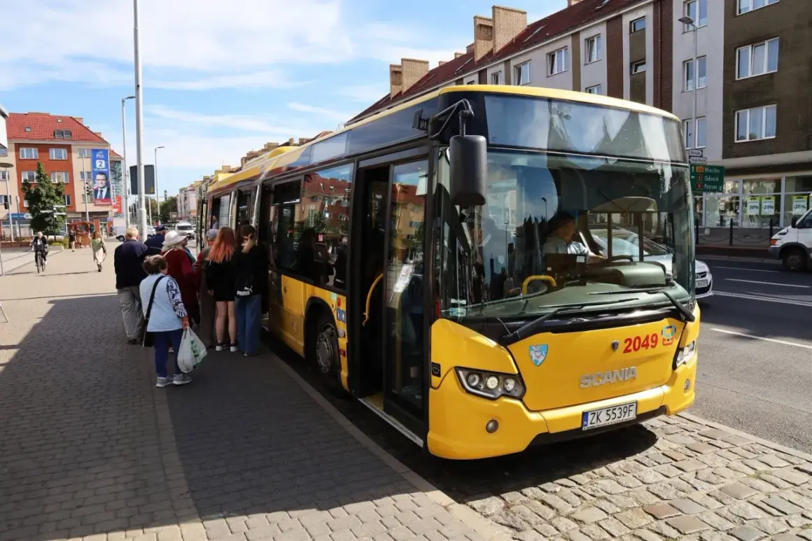Żółty autobus PKS czeka na pasażerów w Koszalinie, gotowy do podróży do Dąbek.