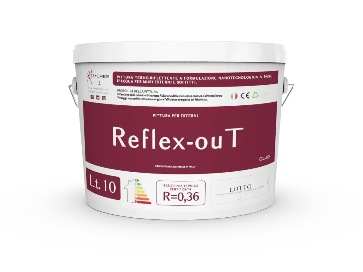 Secchio di pittura per esterni "Reflex-out" di Heres. È una pittura termo-riflettente nanotecnologica, un additivo che migliora l'efficienza energetica.