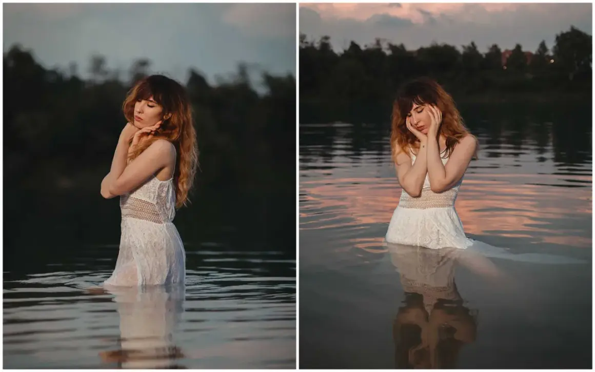 A woman in a white dress stands in water, bathed in the best light for outdoor photos during a serene sunset.