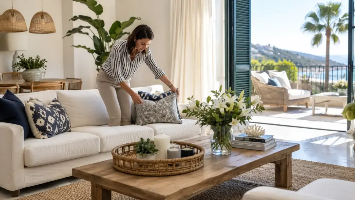 Mujer arregla cojines en sofá blanco, con vistas al mar Mediterráneo, como si estuviera en una casa de **agua dulce Almería**.