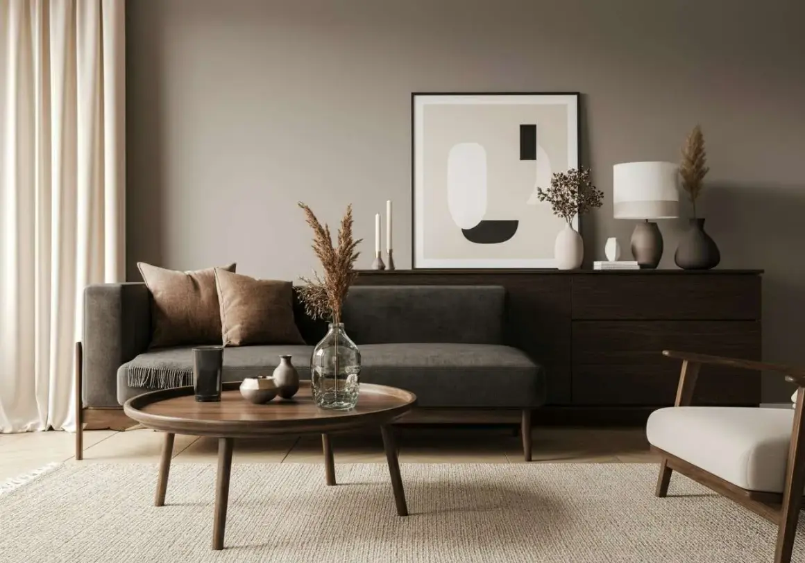 Gemütliches Wohnzimmer mit dunklem Sofa, das vor einer taupefarbenen Wand steht. Die Wandgestaltung harmoniert perfekt mit dem schwarzen Sofa.