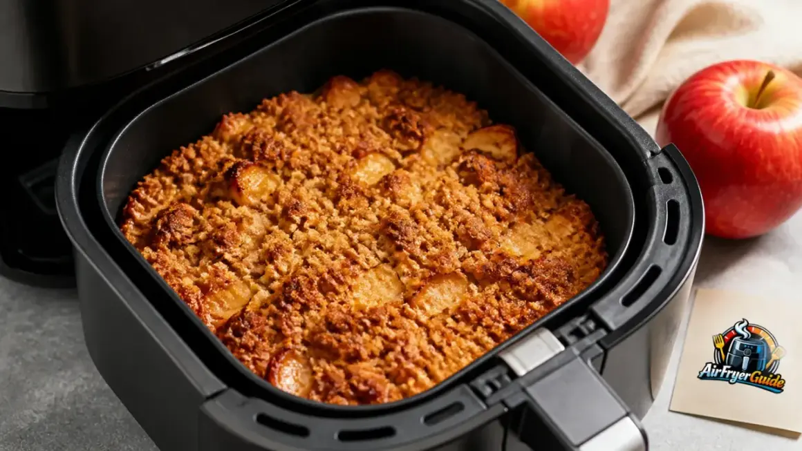 Goldbrauner Apfel Crumble aus dem Airfryer, duftend und lecker. Daneben liegen zwei rote Äpfel.