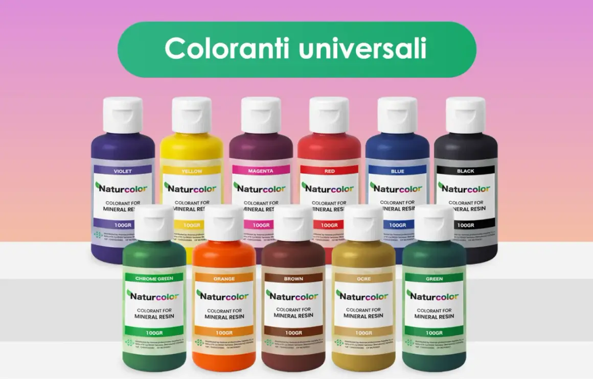 Flaconi di coloranti per resina epossidica in varie tonalità: viola, giallo, magenta, rosso, blu, nero, verde cromo, arancione, marrone, ocra e verde. Perfetti per imparare come colorare la resina epossidica.