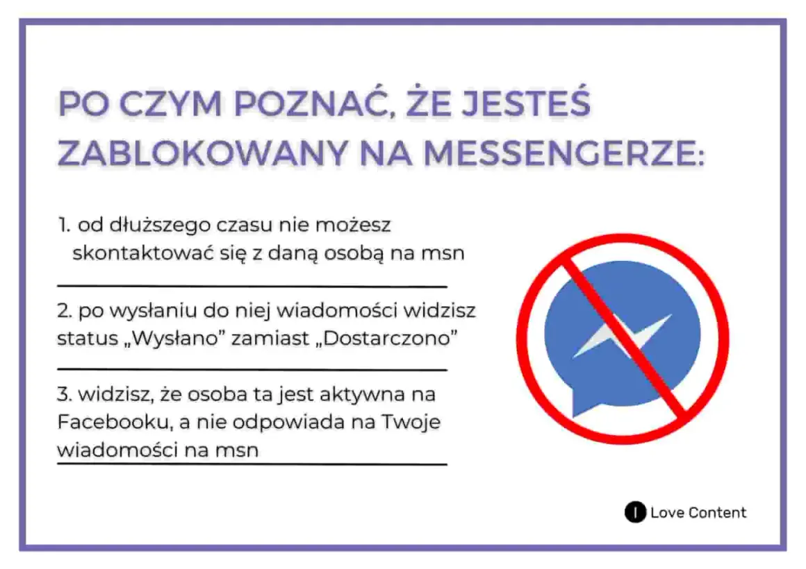 Co widzi osoba zablokowana na Messengerze: brak kontaktu, status "Wysłano" zamiast "Dostarczono", osoba aktywna na FB, ale nie odpisuje na msn.