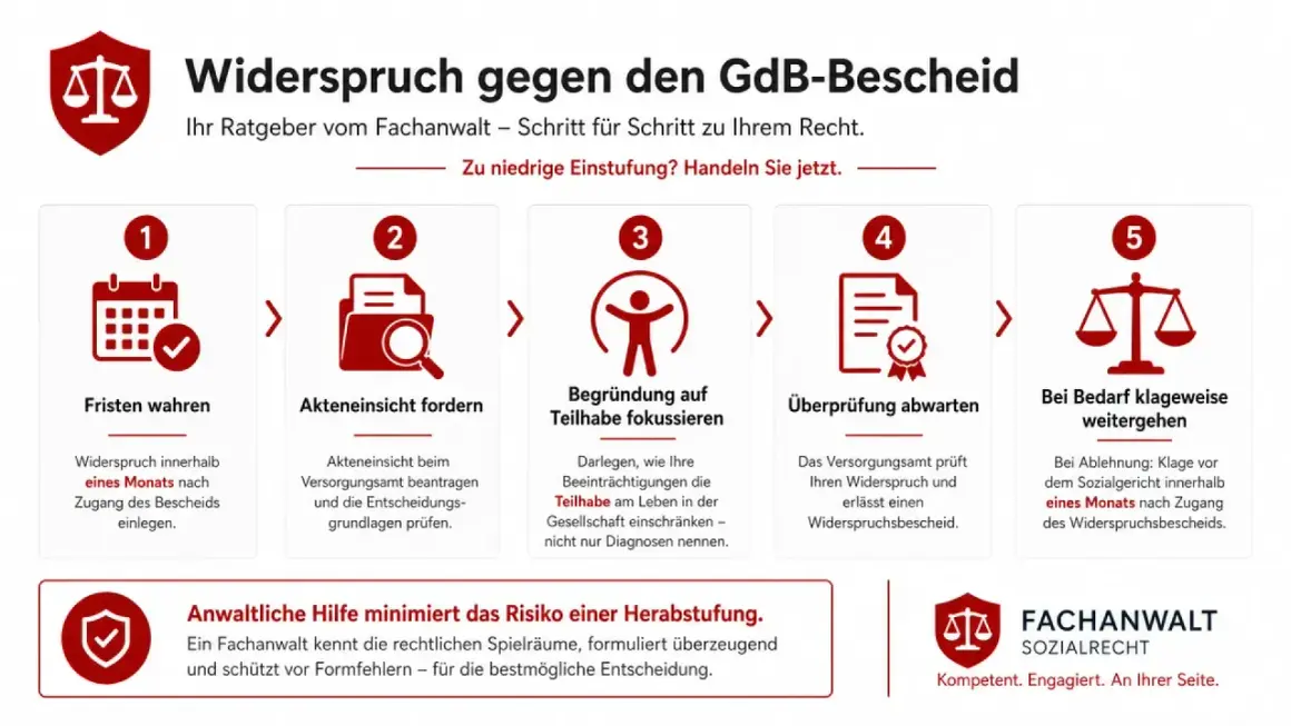 Schritt-für-Schritt-Anleitung: Widerspruch gegen GdB-Bescheid. Was tun, wenn die **schwerbehinderung abgelehnt** wurde? Fristen wahren, Akteneinsicht, Begründung, Prüfung abwarten, klagen.