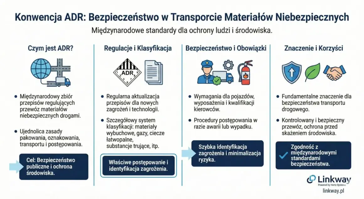 Grafika przedstawia schemat konwencji ADR z ikonami symbolizującymi transport, przepisy, bezpieczeństwo i ochronę środowiska.