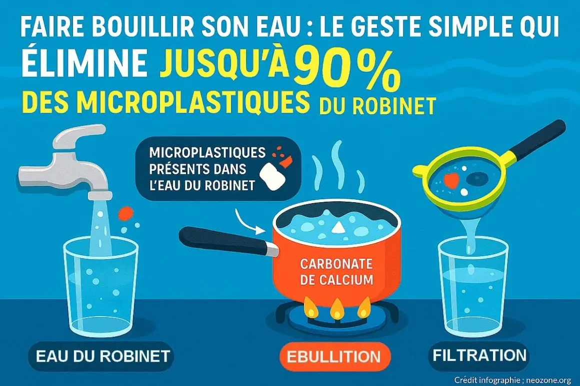Faire bouillir l'eau du robinet élimine les microplastiques. L'ébullition transforme le carbonate de calcium, puis la filtration retient les résidus.
