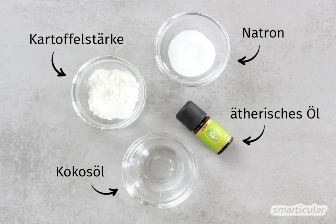Zutaten für deo selber machen 3 zutaten: Kartoffelstärke, Natron, Kokosöl und ätherisches Öl.