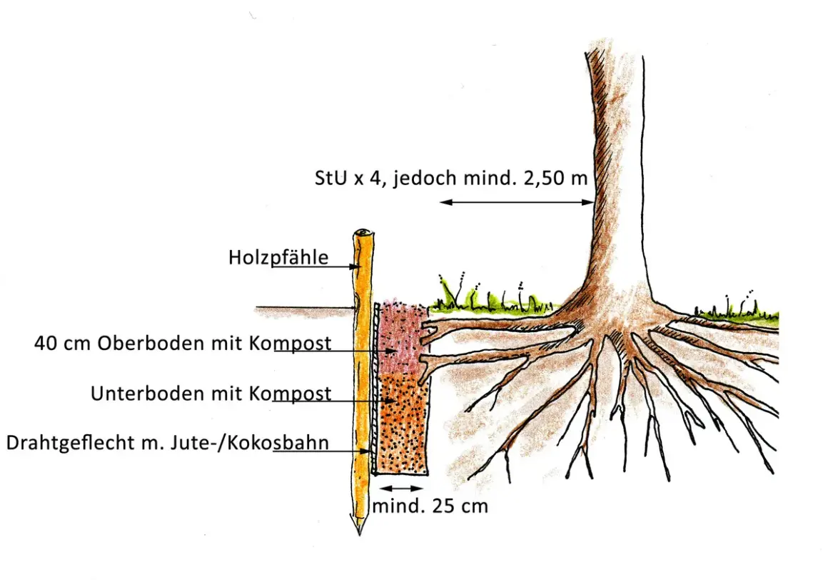 Skizze zeigt den Aufbau einer Wurzelsperre für einen Walnussbaum. Holzpfähle stützen eine Schicht aus Drahtgeflecht mit Jute-/Kokosbahn, gefüllt mit Ober- und Unterboden mit Kompost.