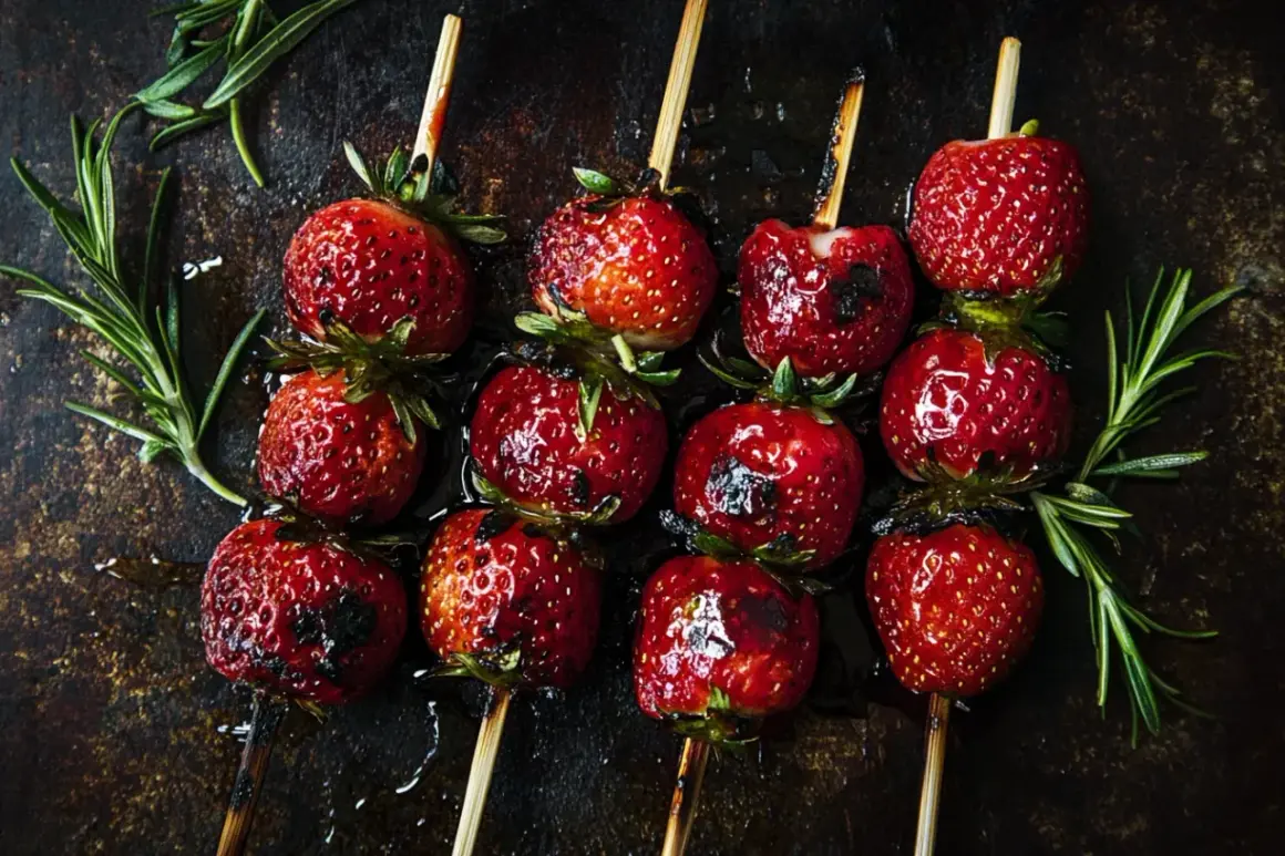 Zuckersüße Erdbeeren auf Spießen, leicht gegrillt und glänzend, mit Rosmarin garniert. Ein Genuss für alle Sinne!