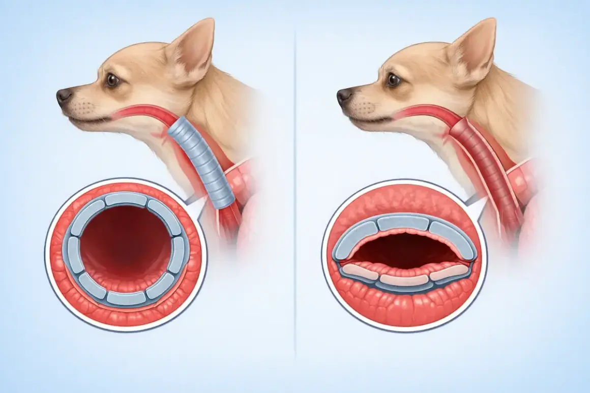 Illustration comparant une trachée saine et un collapsus trachéal chez un chien. La trachée saine est ronde, tandis que celle affectée par le collapsus est aplatie.