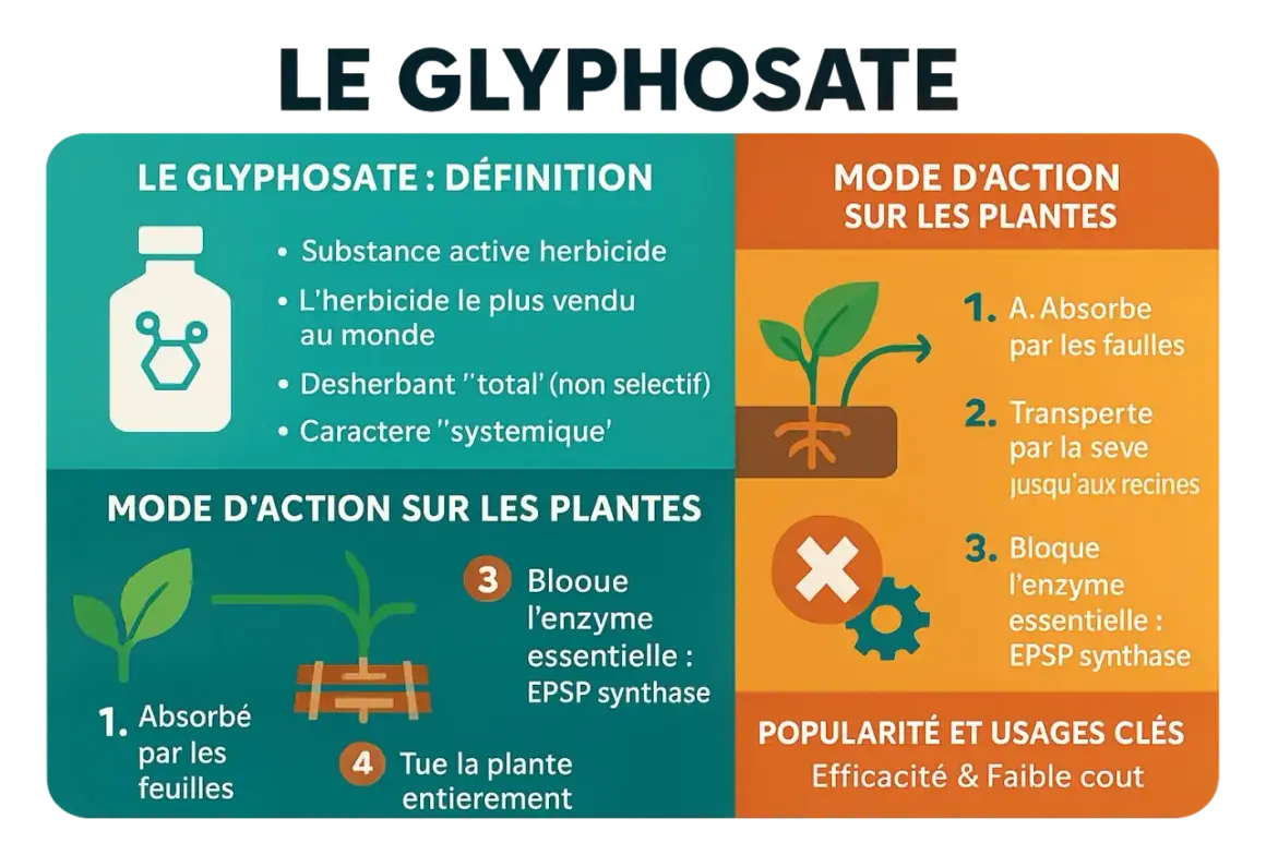 Infographie expliquant le glyphosate, son mode d'action sur les plantes et sa popularité en France.