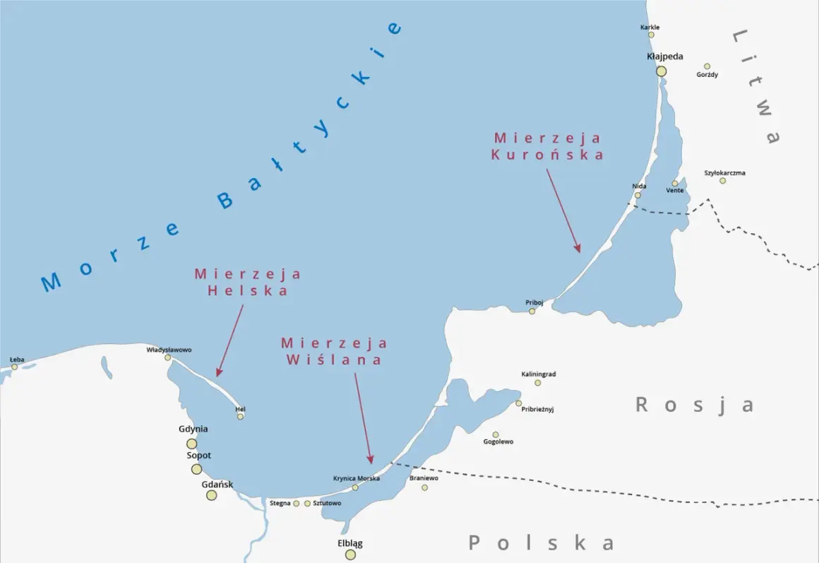 Mapa pokazuje jak powstaje mierzeja Wiślana i Helska. Widoczne są miasta: Gdańsk, Gdynia, Sopot, Hel, Kłajpeda, Kaliningrad.