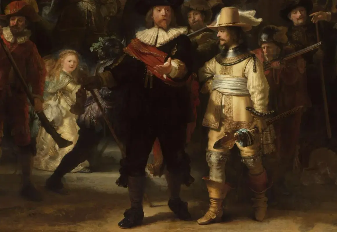 Rembrandt, najpopularniejsze obrazy: "Straż nocna" ukazuje grupę uzbrojonych mężczyzn i dziewczynkę w jasnej sukni, w dynamicznej scenie.
