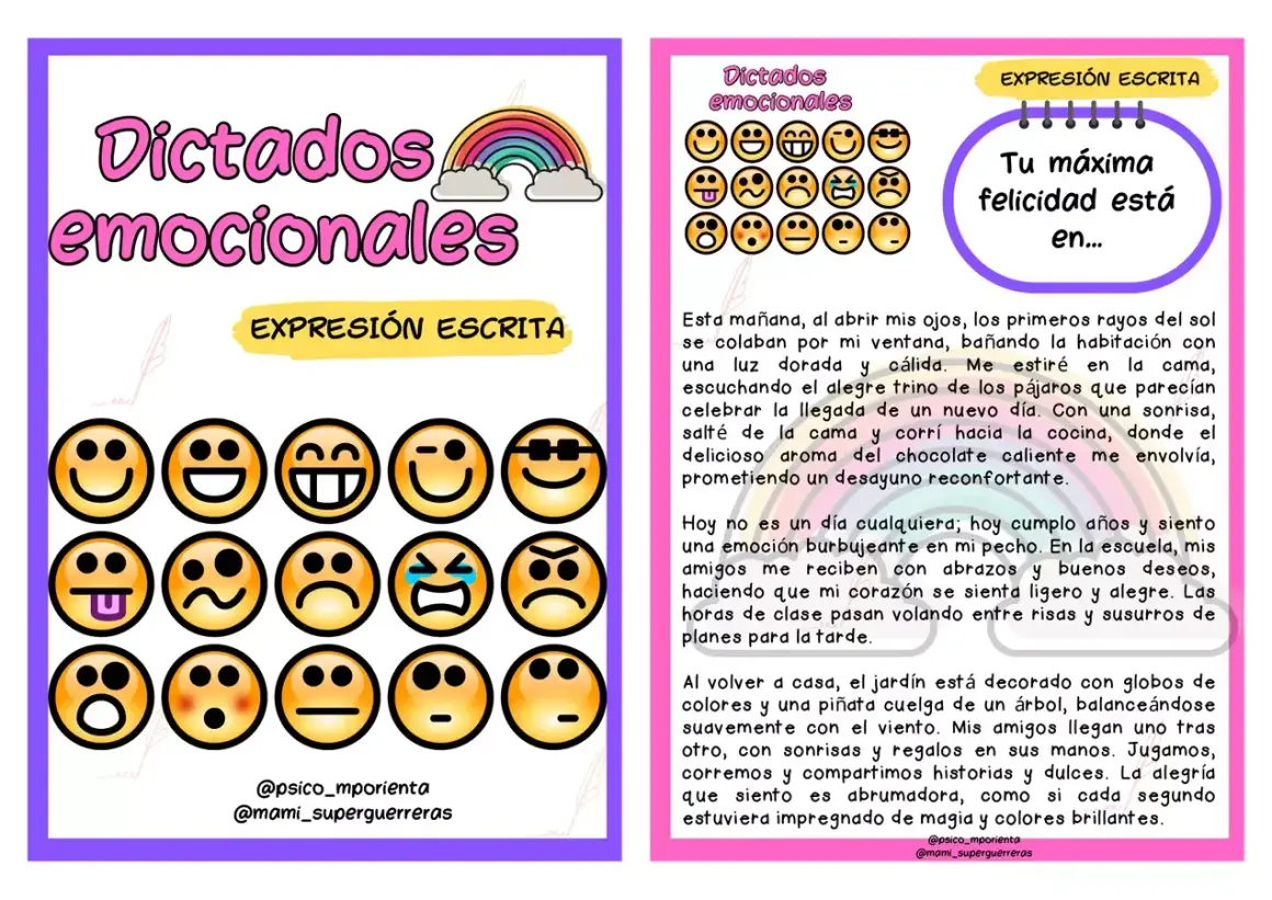 Emoticonos para dictado 3 primaria. Expresión escrita: "Tu máxima felicidad está en..." con texto sobre un día feliz.