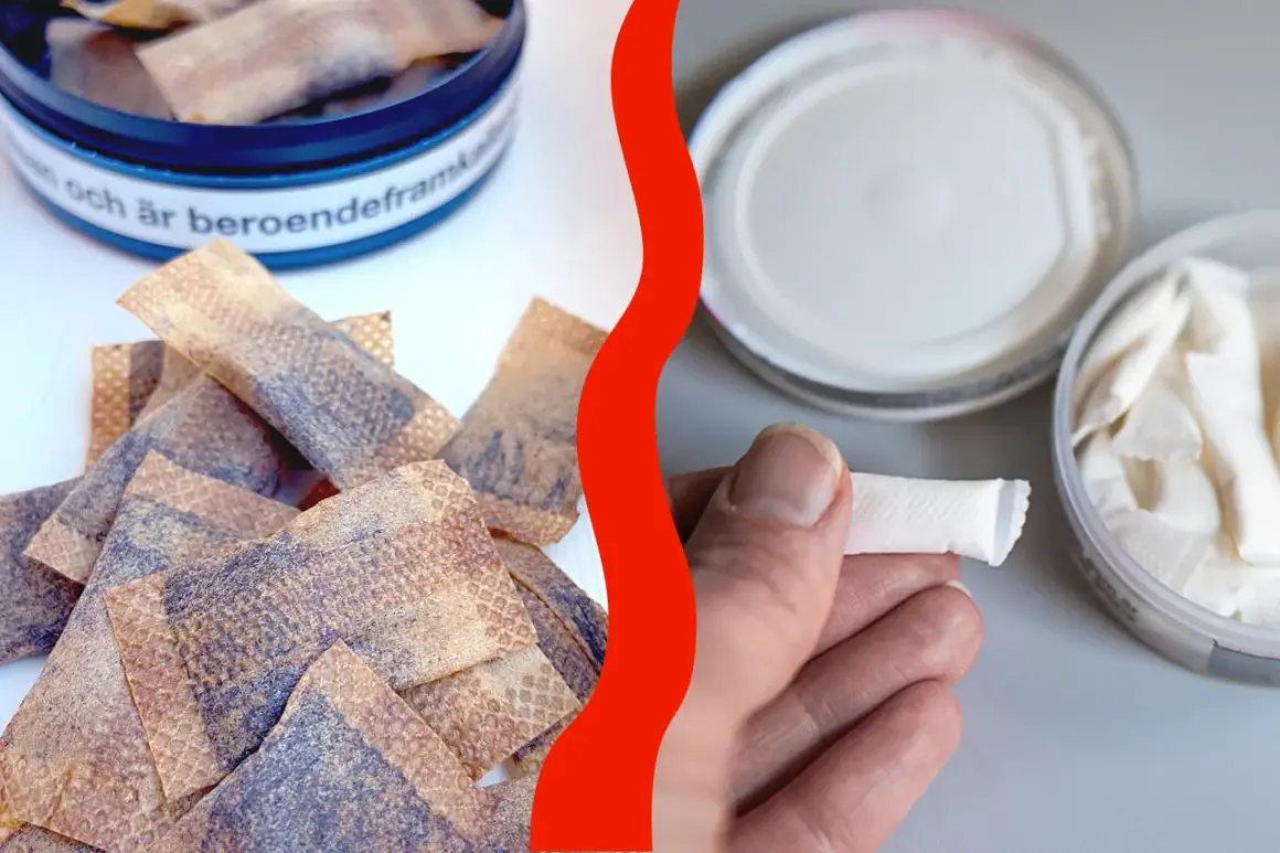 Fakta om snus: En hand håller en prilla. I bakgrunden syns snusdosor och löst snus.