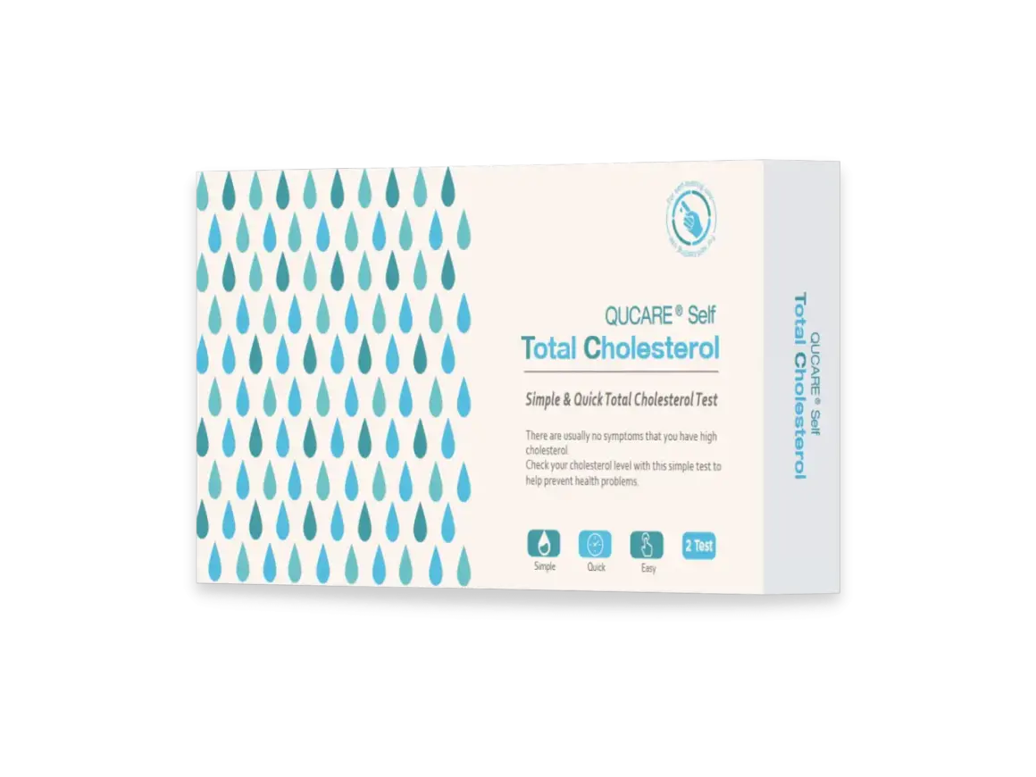 Opakowanie testu na **cholesterol** QUCARE® Self. Test pozwala szybko i łatwo sprawdzić poziom cholesterolu, co jest ważne dla zdrowia.