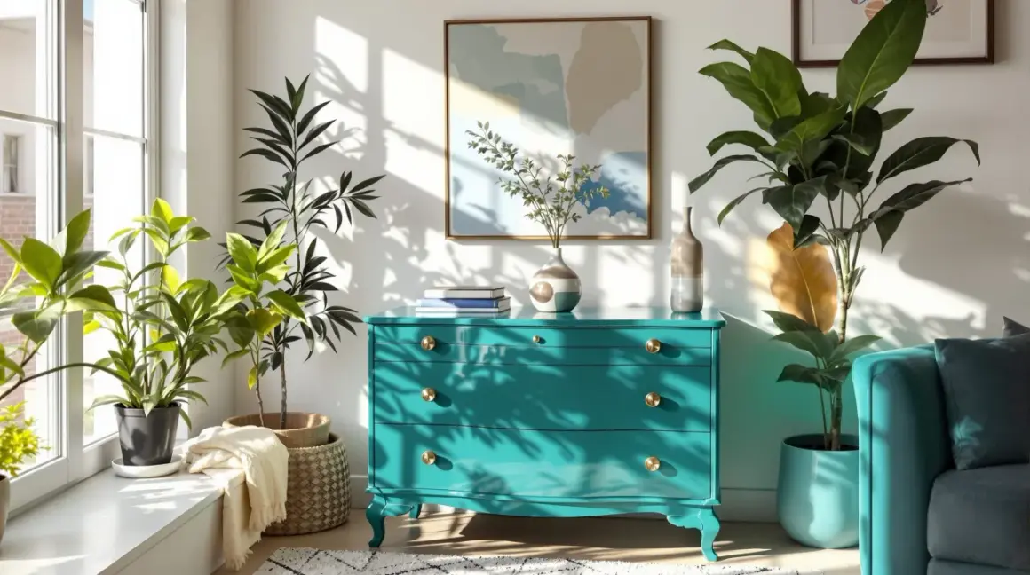 Commode turquoise au laquage peinture impeccable, ornée de poignées dorées. Des plantes vertes apportent de la fraîcheur à ce coin salon lumineux.