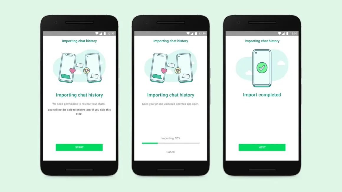 Ekran instalacji WhatsApp: importowanie historii czatów, postęp 30%, a następnie pomyślne zakończenie.