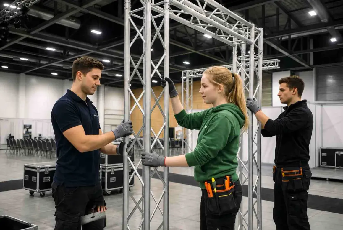 Drei Personen bauen eine Traversenkonstruktion auf, um bei Konzerten zu arbeiten.