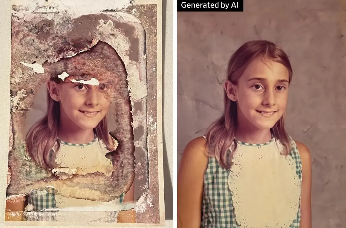 A damaged photo of a girl is shown next to an AI-generated restoration. The AI created a clear image from the bad AI images.