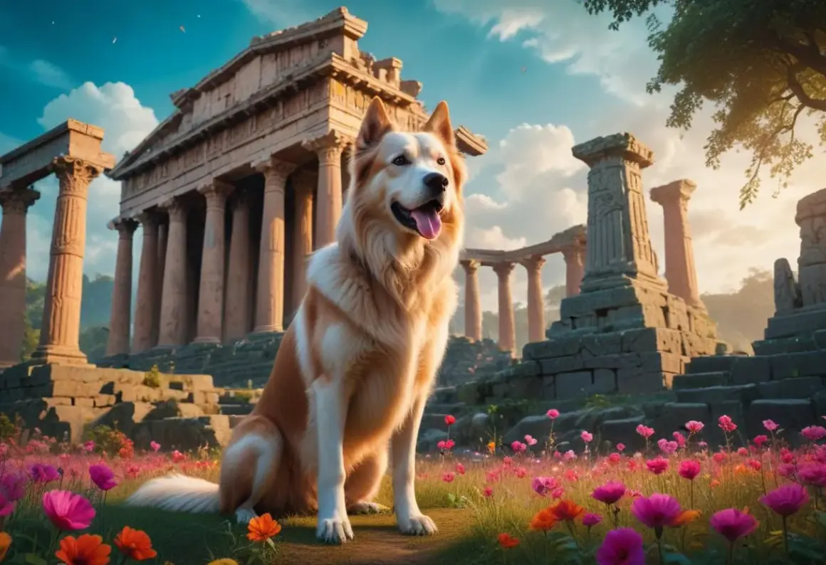 En ståtlig hund sitter bland blommor framför antika ruiner. En sann vän, så kan man kalla hund.