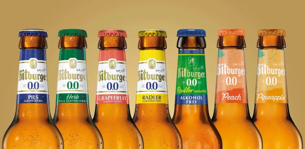 Bitburger 0,0% in verschiedenen Sorten: Pils, Herb, Grapefruit, Radler, Radler naturtrüb, Peach und Pineapple. Der geringe Zuckergehalt macht sie zur leichten Wahl.
