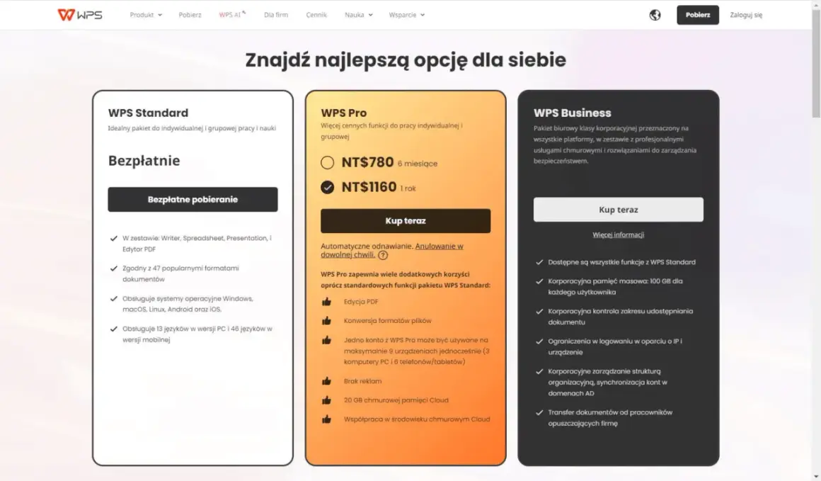 Porównanie pakietów WPS: Standard (bezpłatny), Pro (dodatkowe funkcje) i Business (korporacyjny).