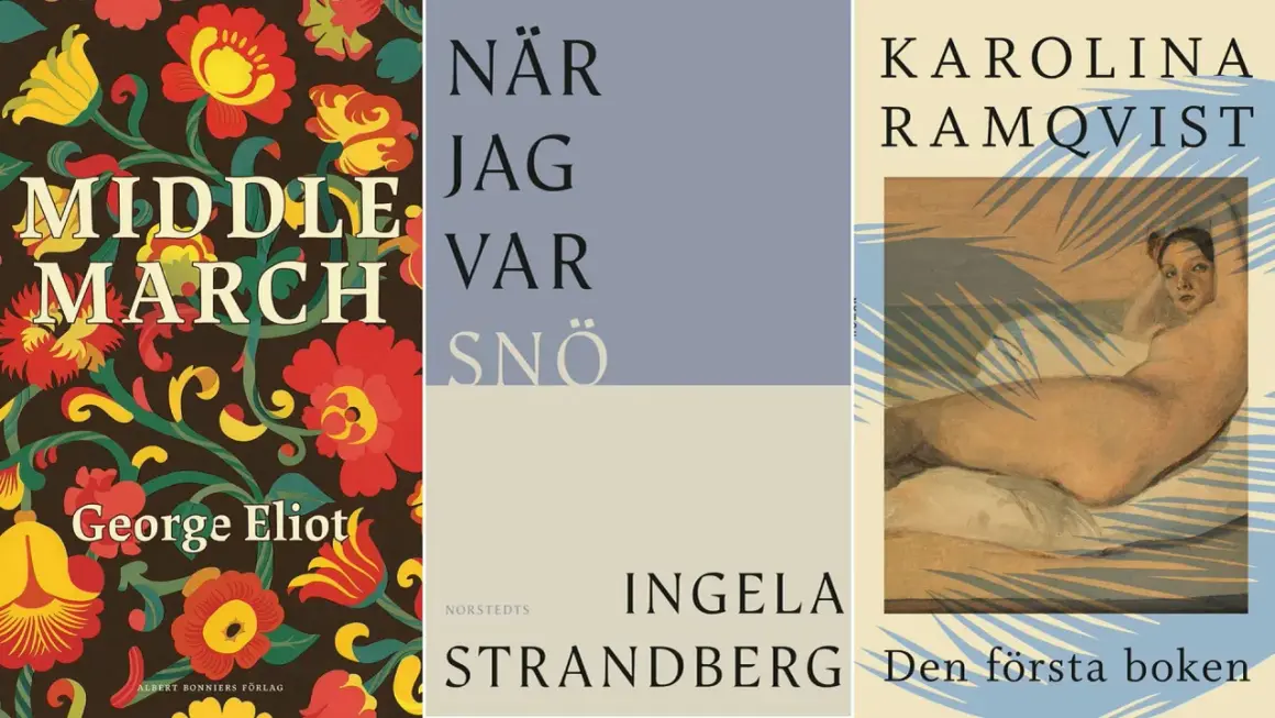 Tre bokomslag: "Middle March" av George Eliot, "När jag var snö" av Ingela Strandberg, och "Den första boken" av Karolina Ramqvist. En bok om ångest kan finnas bland dessa.