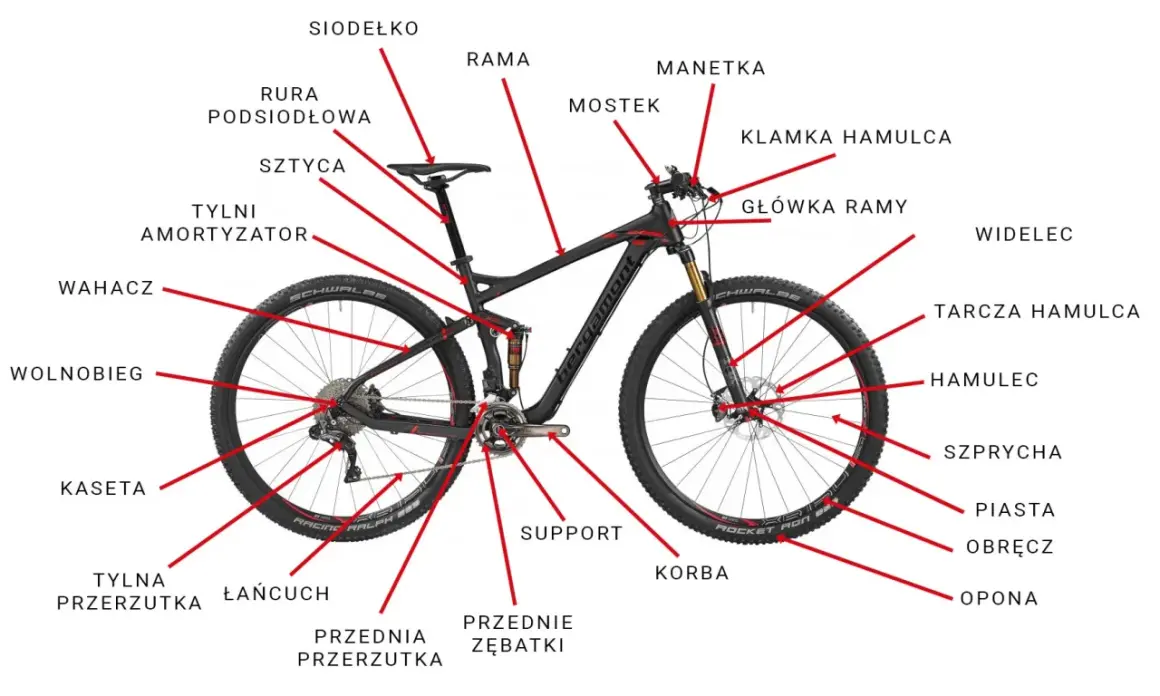 Ilustracja roweru górskiego z zaznaczonymi i opisanymi kluczowymi częściami.