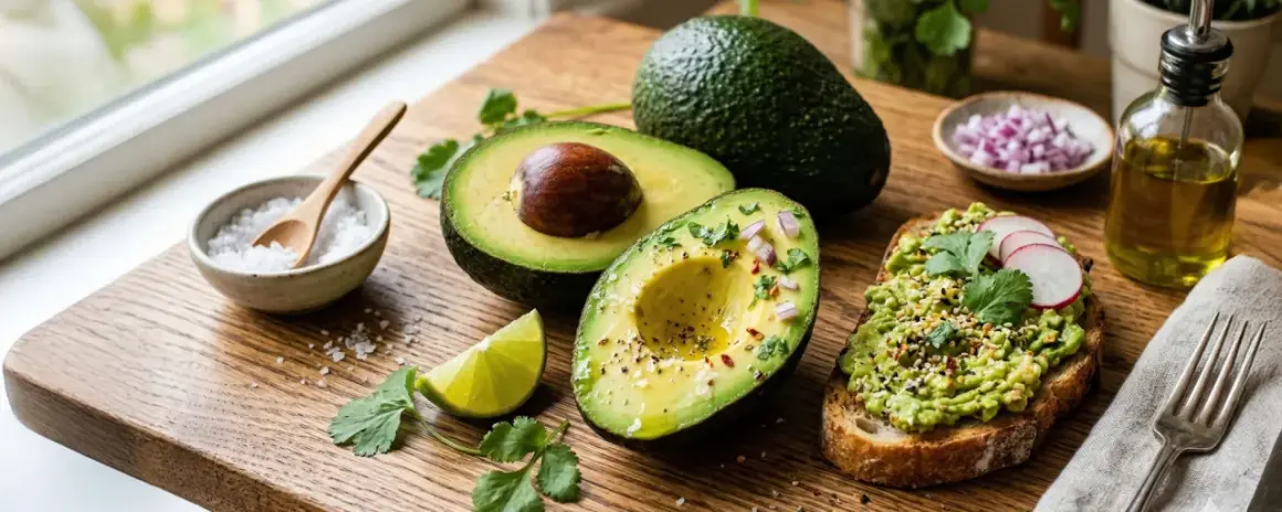 Reife Avocados auf einem Holzbrett, bereit zum Genuss. Eine Hälfte ist mit Zwiebeln und Gewürzen bestreut, daneben ein Toast mit Avocado.