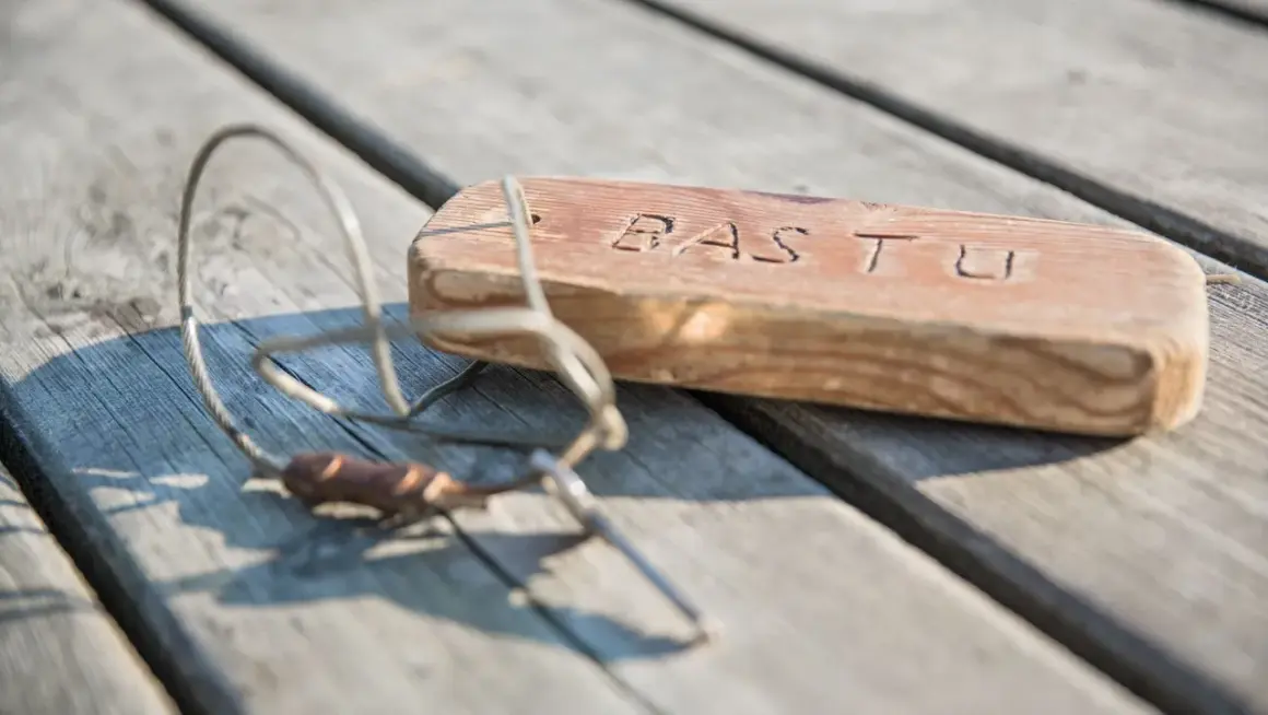 En träbit med texten "BASTU" och en metallskopa ligger på en träbrygga. Kanske en påminnelse om en härlig stund på Östholmen bastu.