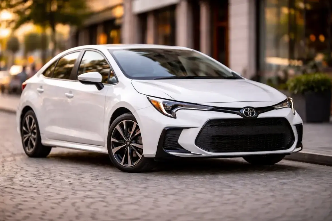 Biała Toyota Corolla na brukowanej ulicy. Ten model to kolejny rozdział w bogatej historii Toyoty, symbol niezawodności i innowacji.