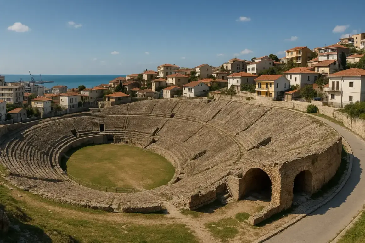 Starożytny amfiteatr w Durres, Albania, z widokiem na morze i miasto.