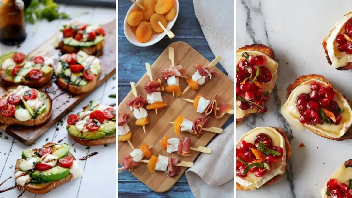 Des toasts avocat-tomate, des brochettes jambon-fromage-abricot et des bruschettas grenade-brie, parfaits pour un apéro dinatoire été.