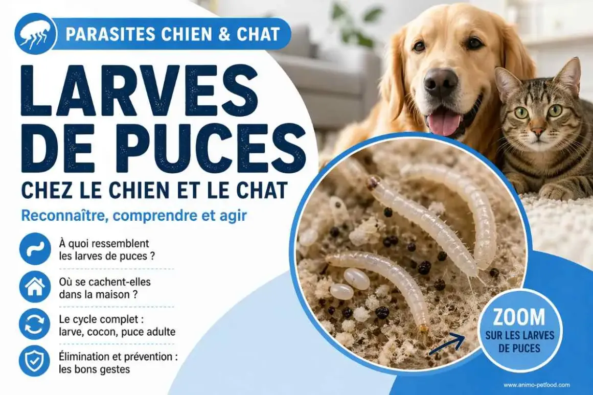 Zoom sur les larves de puces : ces vers blancs et petits œufs sont le début du cycle de vie des puces chez le chien et le chat.