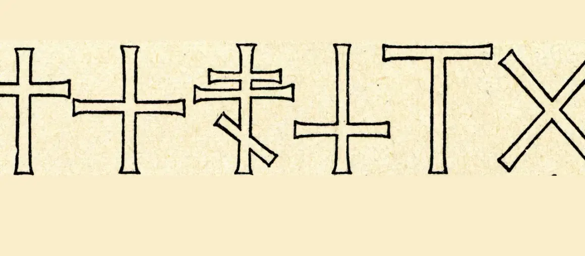 Verschiedene Kreuzformen, darunter ein Paulus-Kreuz, auf hellem Untergrund.